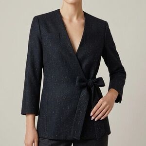 TELA ITALY Wool Silk Flecked Tweed Tie Front Wrap Blazer